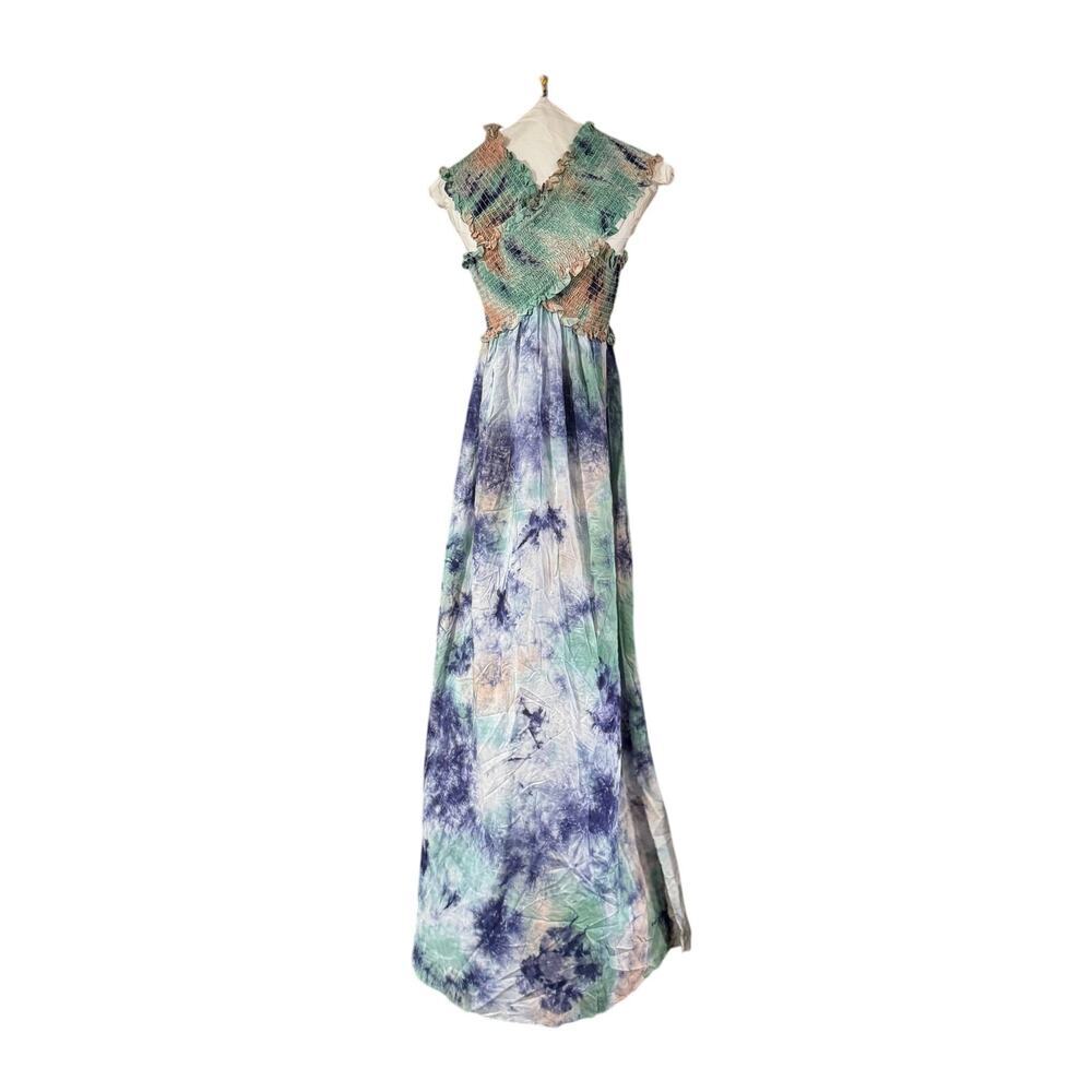 AQUA Tie Dye Maxi Dress Size Small Blue Green Smocked Ruffle Boho Side Slit